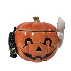 Vintage Halloween Candy Jar Fitz & Floyd 1987 Pumpkin Ghost Black Cat 7 inch